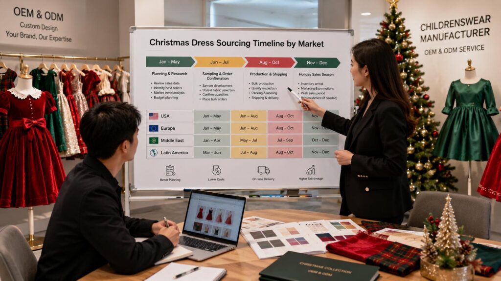 Comparison of Christmas dress ordering schedules across USA, Europe, Middle East and Latin America markets.