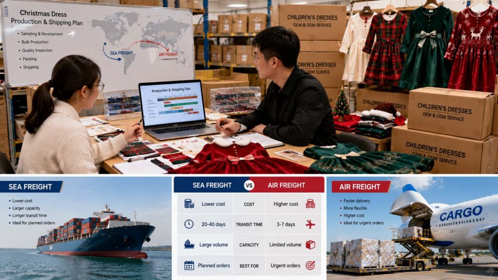Sea freight and air freight comparison for Christmas dress wholesale orders.