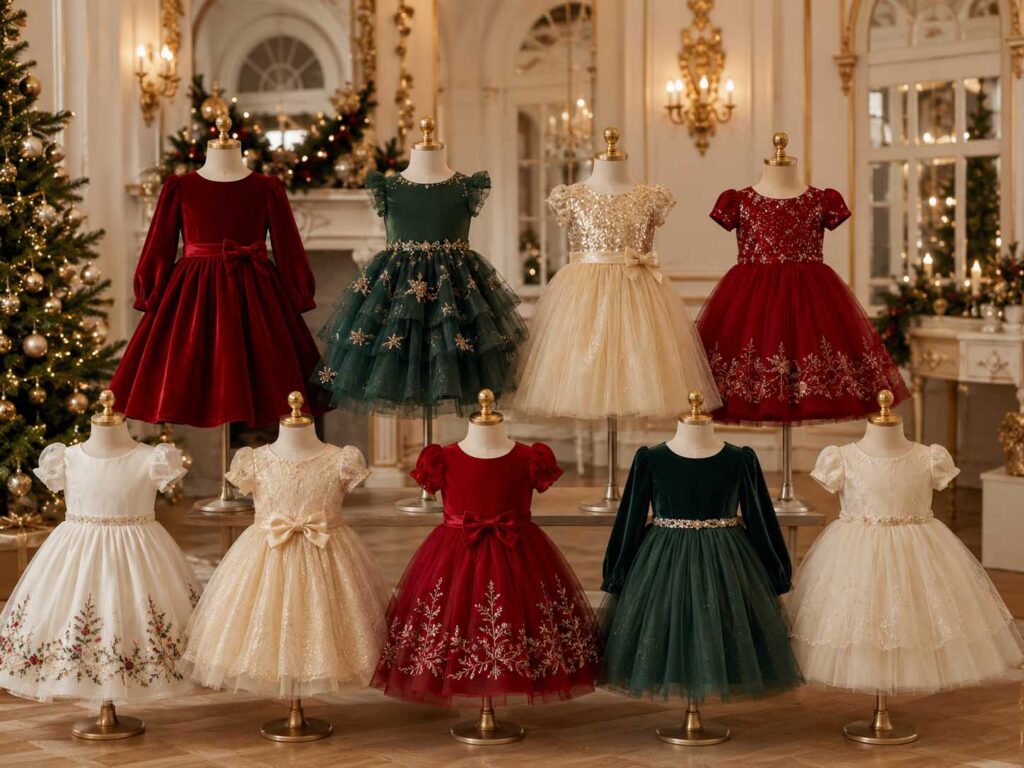 Red, green, gold and ivory girls’ Christmas dresses displayed in an elegant seasonal showroom.