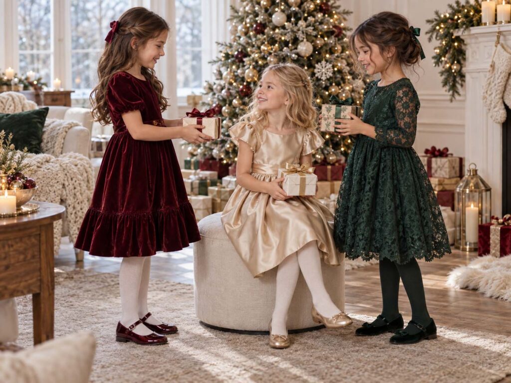 Festive girls’ dresses for Christmas and seasonal collections.