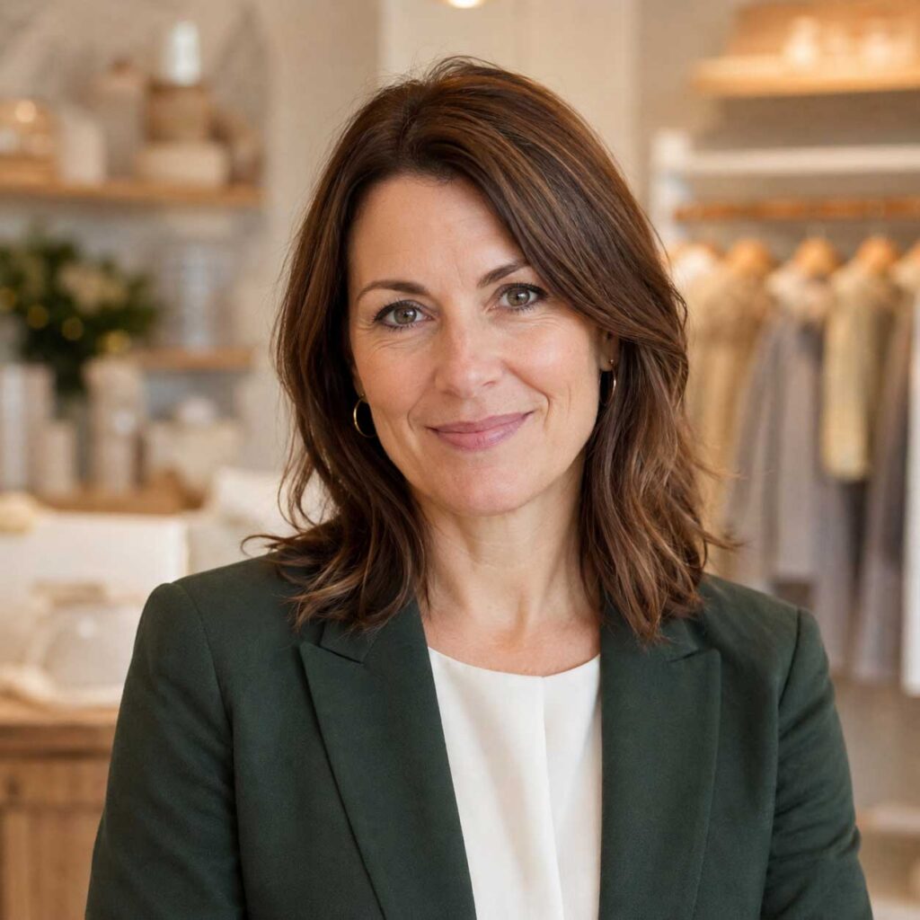 British children’s boutique owner and seasonal kidswear buyer in a professional retail showroom.