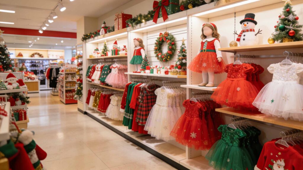 Holiday retail display of Baby Christmas outfits showing strong seasonal demand and global sales performance.