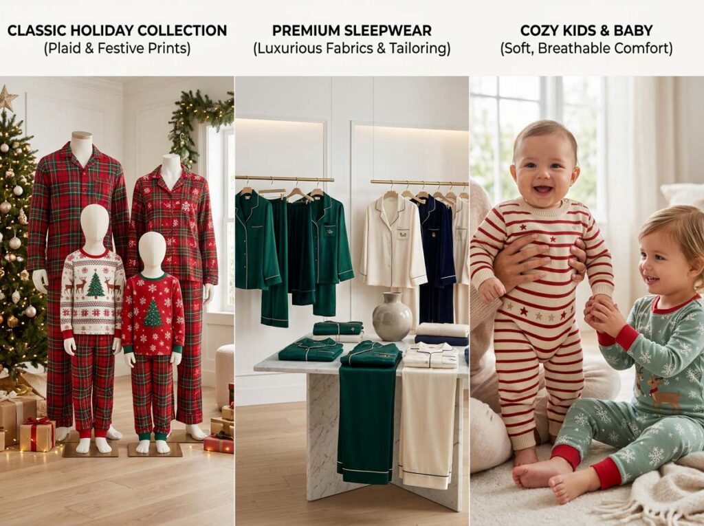 Christmas family pajamas trends collage showing classic festive designs, premium styles and comfortable kidswear sets for wholesale buyers