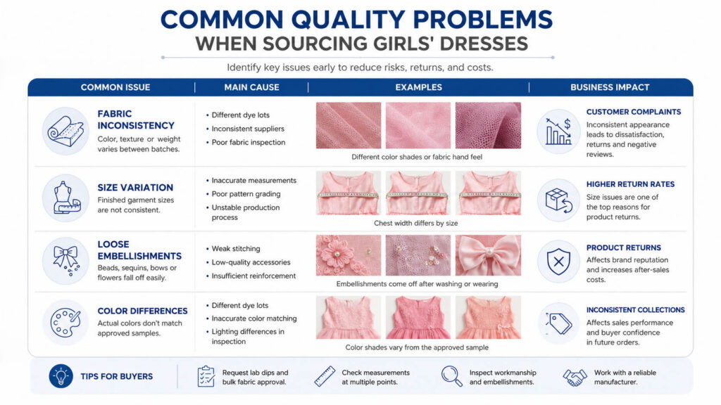Common quality problems when sourcing girls' dresses infographic