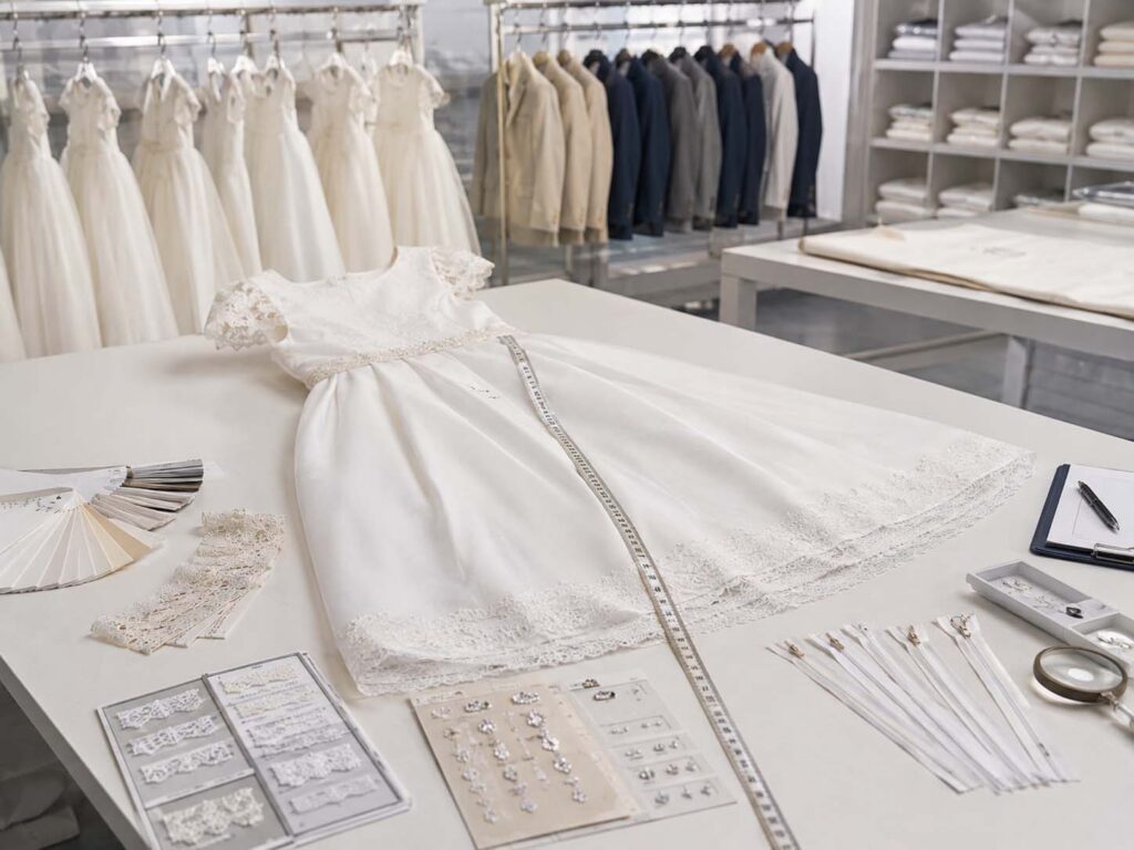 First Communion dress undergoing measurements and detail inspection in an organized ceremonywear production facility.