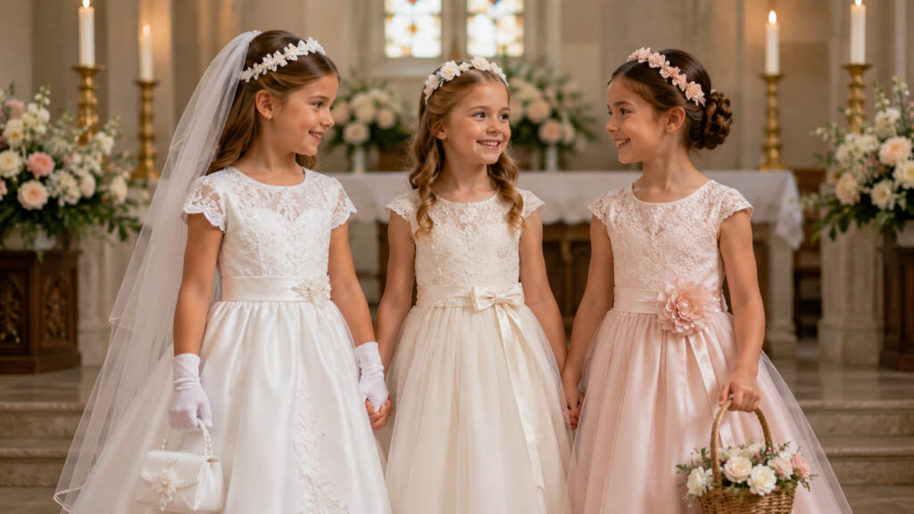 Girls wearing satin, lace and tulle Communion and flower girl dresses