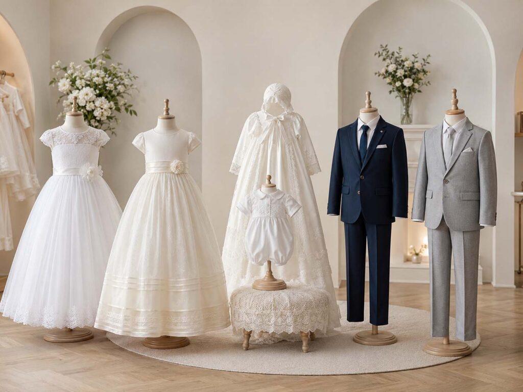First Communion dresses, Baptism gown, baby ceremony outfit and boys’ suits displayed in a premium showroom.