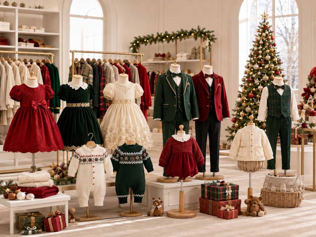 Coordinated girls’ dresses, boys’ formalwear and baby outfits displayed in a premium Christmas kidswear showroom.