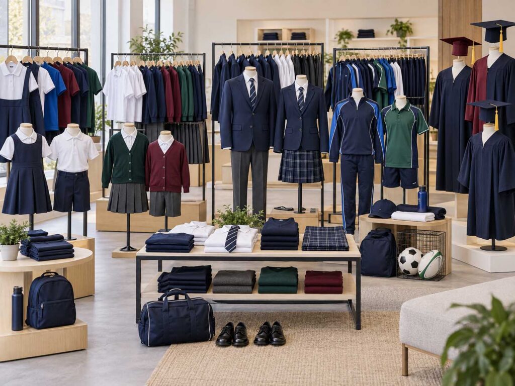 Complete collection of kindergarten, primary and secondary school uniforms, sportswear and graduation gowns.