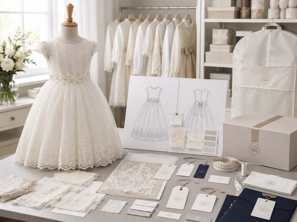Custom Communion dress development with sketches, fabrics, lace, labels, hangtags and branded packaging.