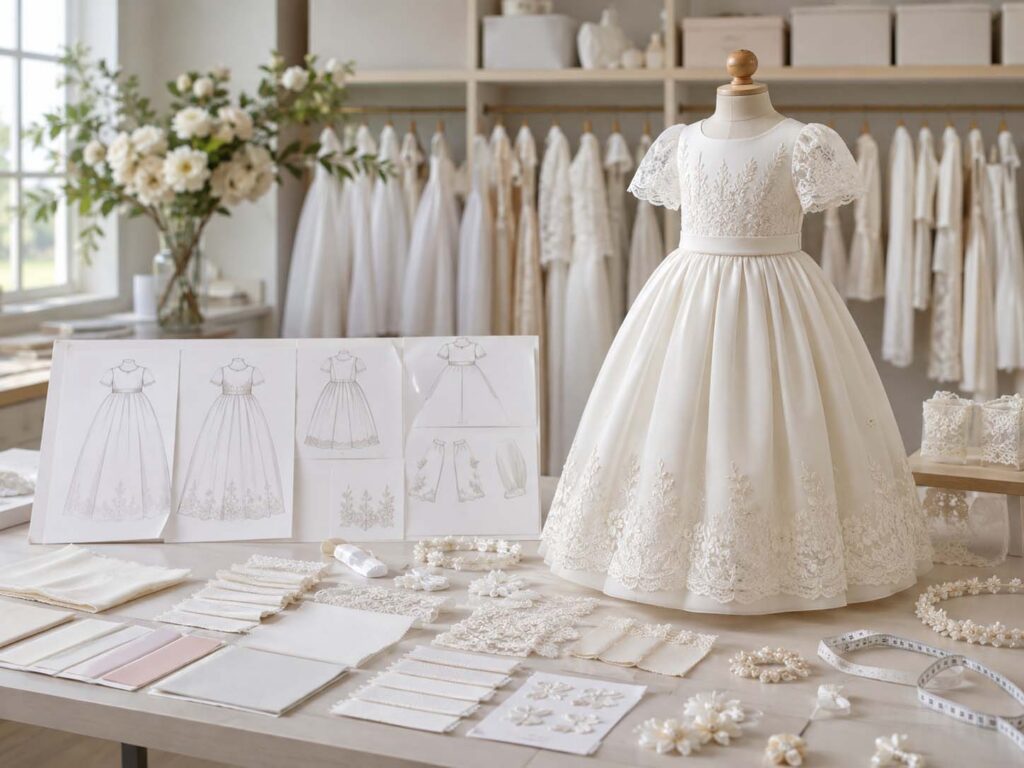 Custom First Communion dress development with design sketches, fabrics, lace, embroidery and accessory options.