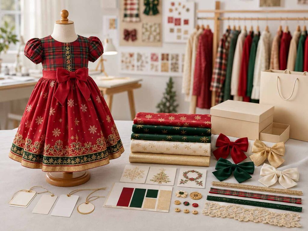 Christmas dress sample with custom fabrics, colors, embroidery, trims, labels and packaging options.