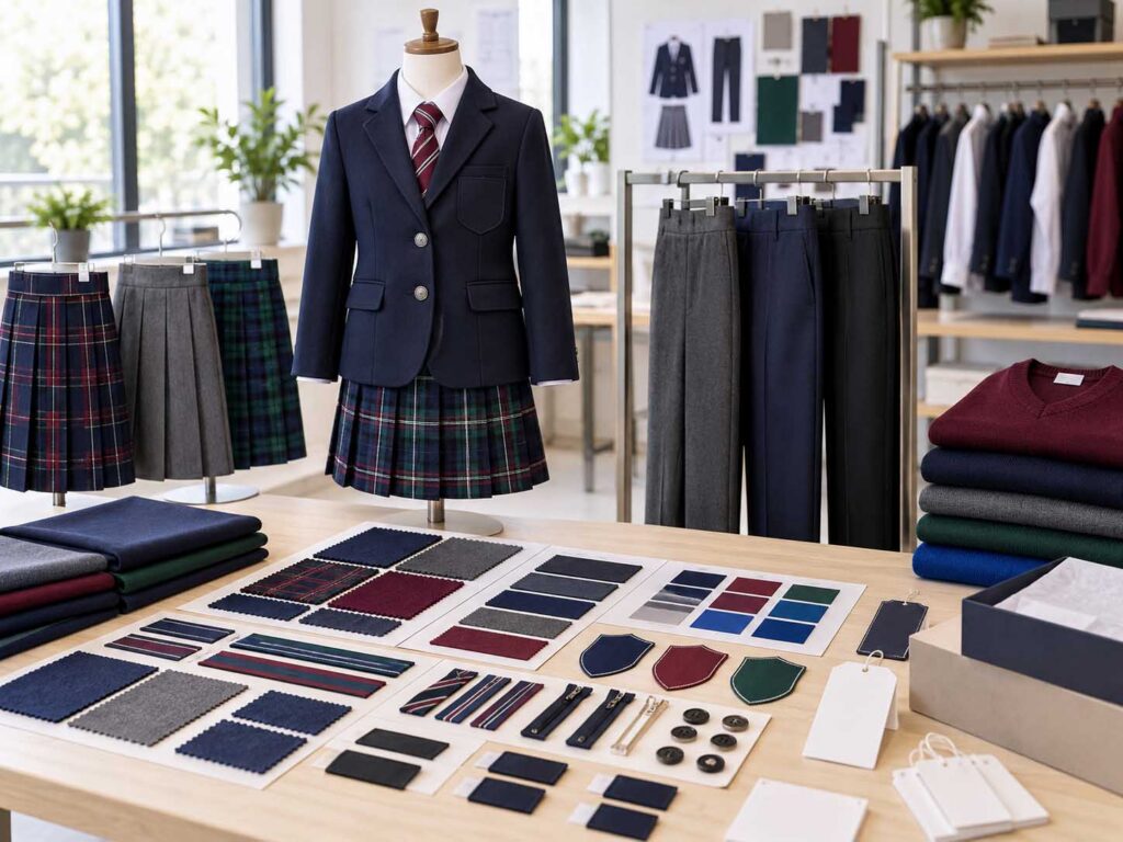 Custom school uniform development with fabric swatches, color options, trims, badges, labels and packaging.