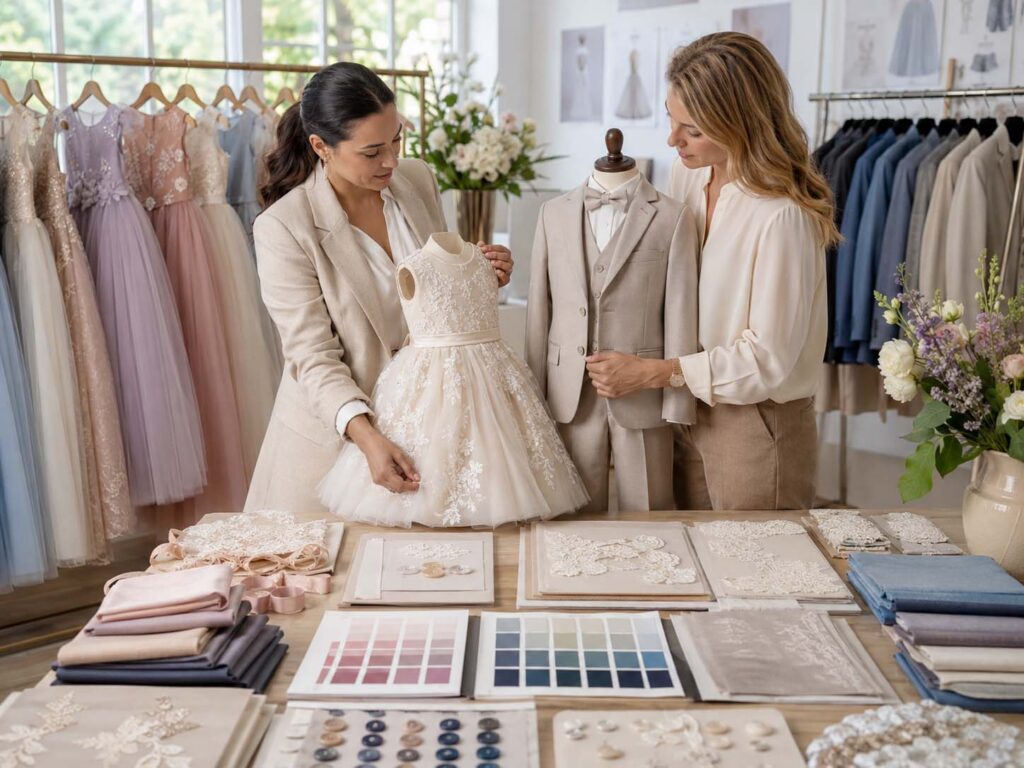 Bridalwear buyer and product specialist reviewing custom fabrics, colors and details for flower girl dresses and boys’ suits.