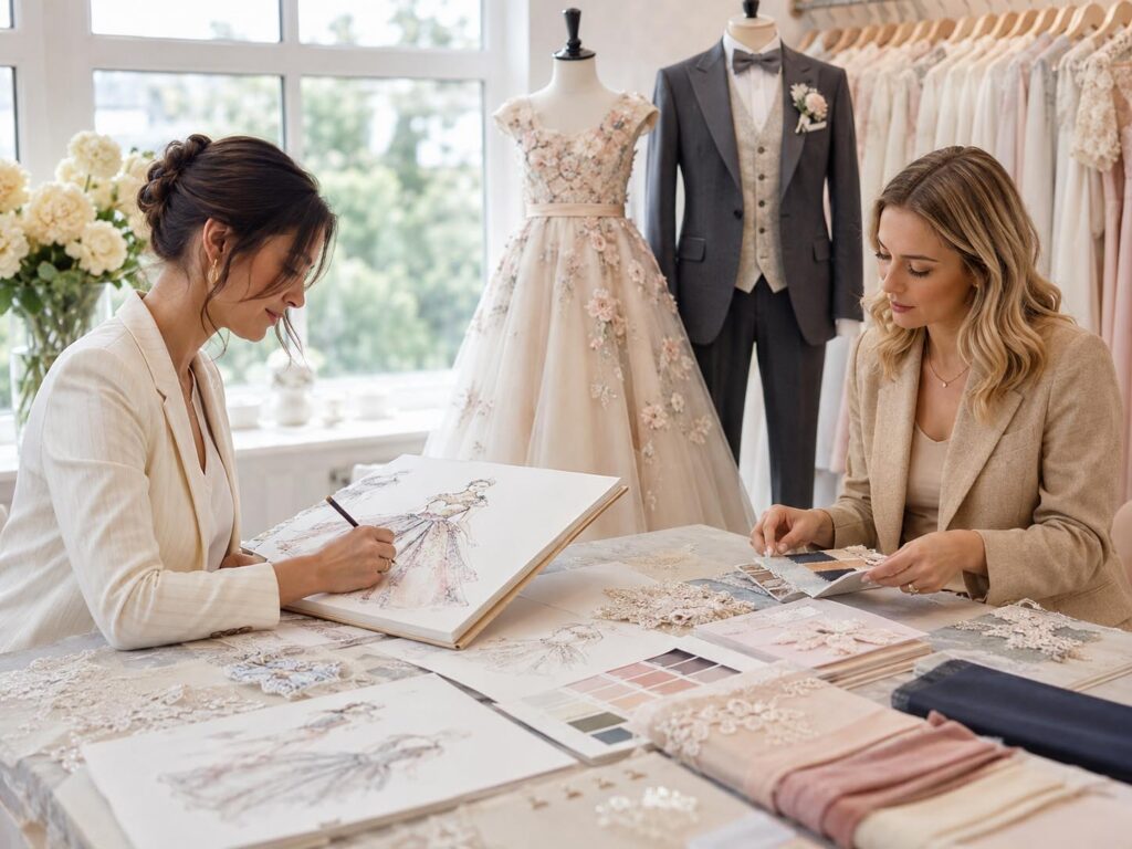Designer creating a custom flower girl dress while a buyer reviews fabrics, colors and finished weddingwear samples.