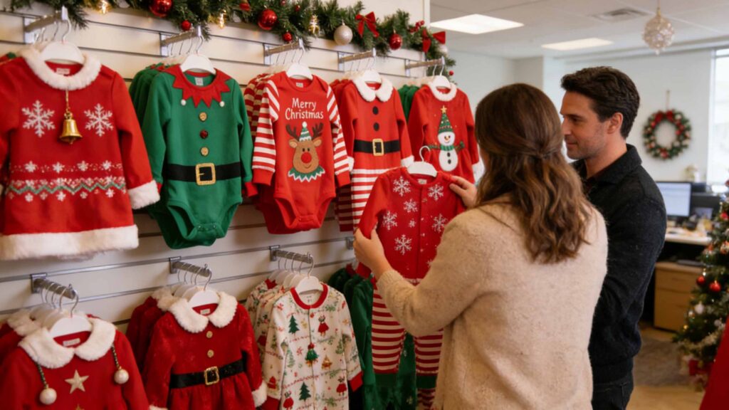 Retail inventory planning for Baby Christmas outfits showing best-selling infant sizes and holiday product assortment.