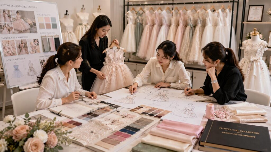 Design team developing custom flower girl dresses with fabric swatches, wedding color cards, embroidery samples and dress sketches.