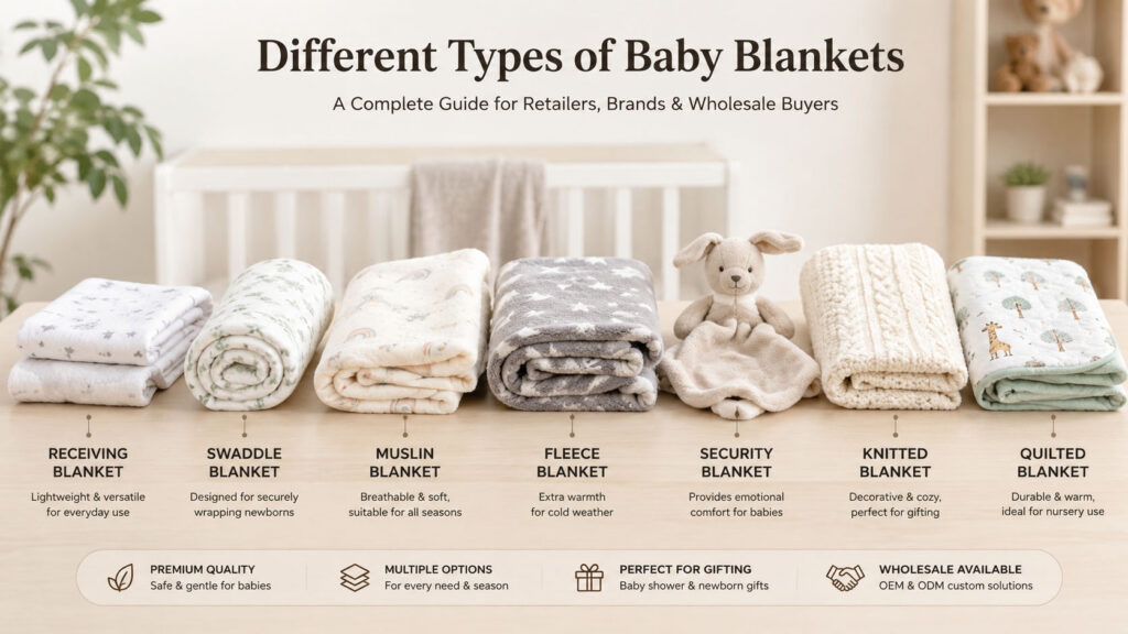 Different types of baby blankets including muslin, swaddle, receiving and fleece blankets