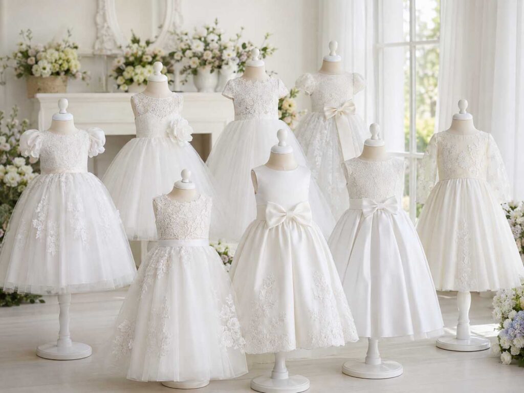 White and ivory Easter dresses in lace, satin and tulle displayed in a bright spring showroom.