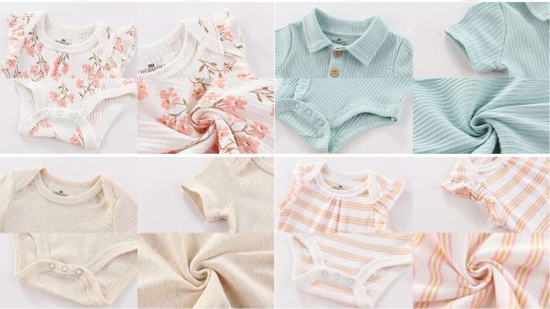 Baby rompers fabric and styles showcase – cotton ribbed, floral, and striped designs by Outong