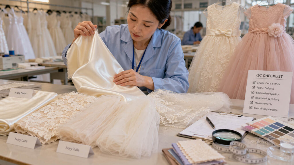 Quality inspector checking satin, tulle, lace and embroidery for children's dresses