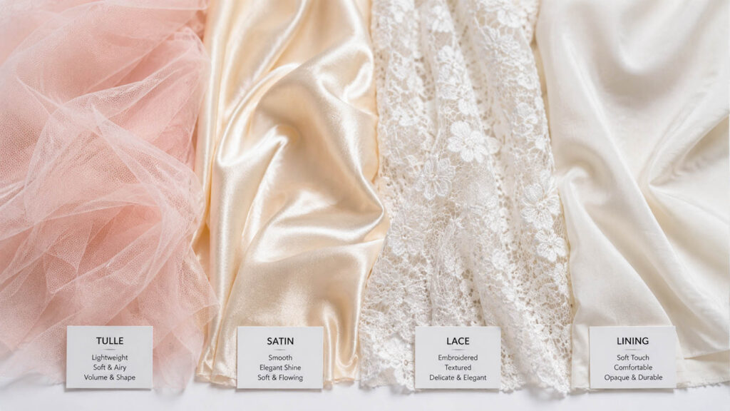 Comparison of tulle, satin and lace fabrics used in girls' dresses