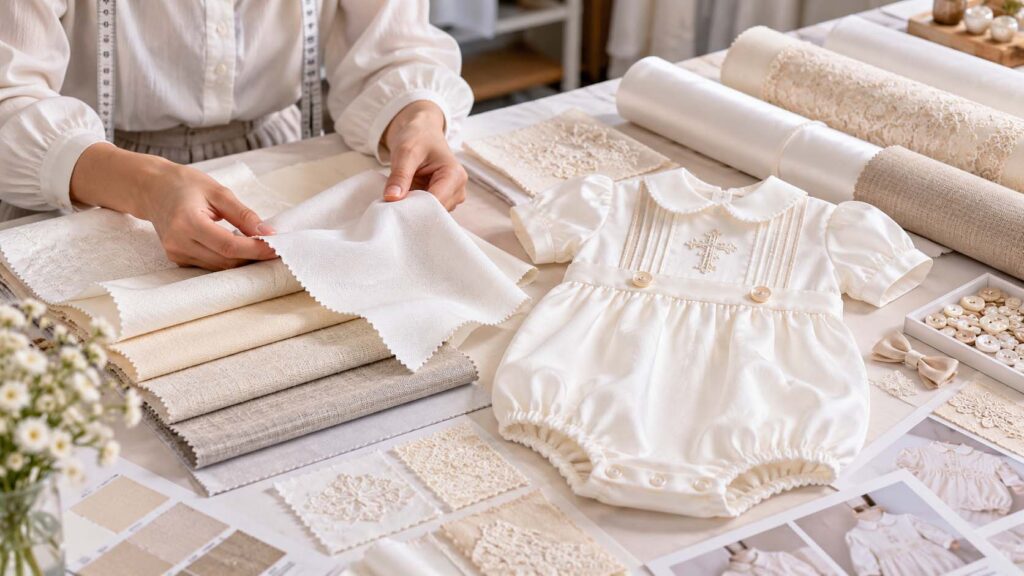 Cotton, linen blend and formal fabrics used for baby boy christening outfit development