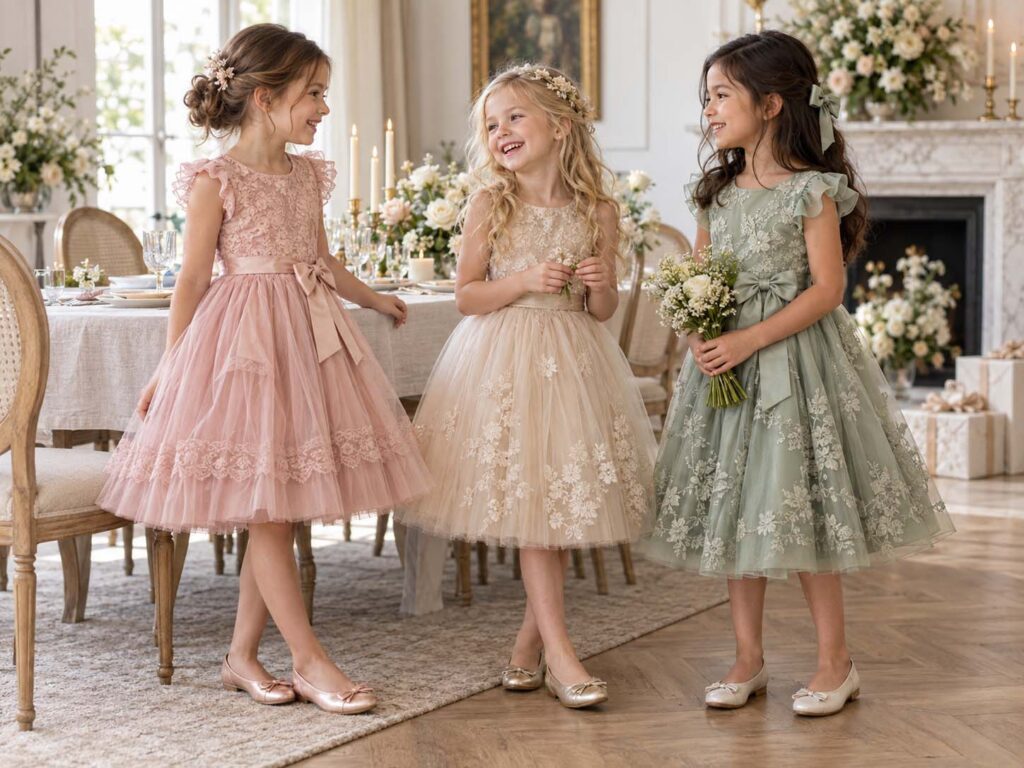 Coordinated occasion dresses for family gatherings and formal events.