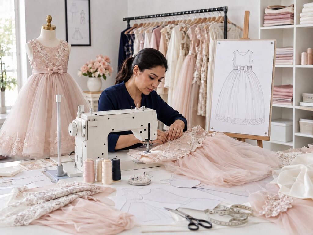 Professional sample maker sewing a girls’ formal dress while a designer checks the sketch beside the completed sample.