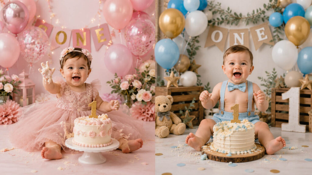 Baby first birthday and cake smash photoshoot outfits