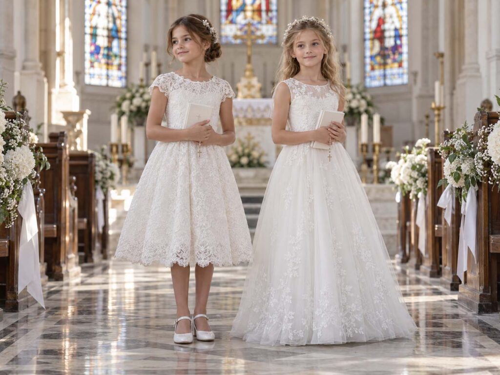 Modest white dresses designed for First Communion ceremonies.