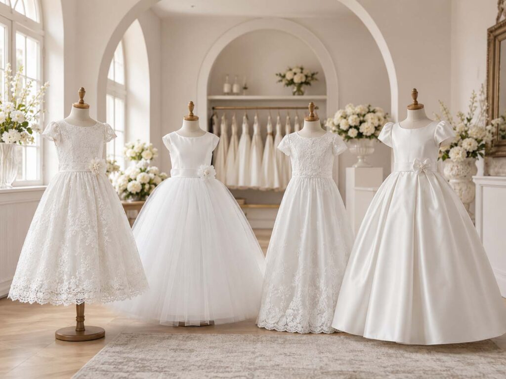 White and ivory First Communion dresses in lace, satin and tulle displayed in a premium ceremonywear showroom.