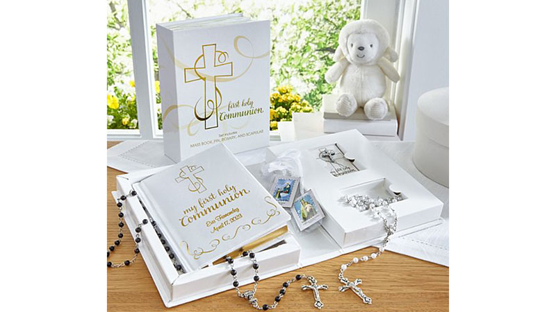 First Communion gifts for boys: cross necklace and Bible