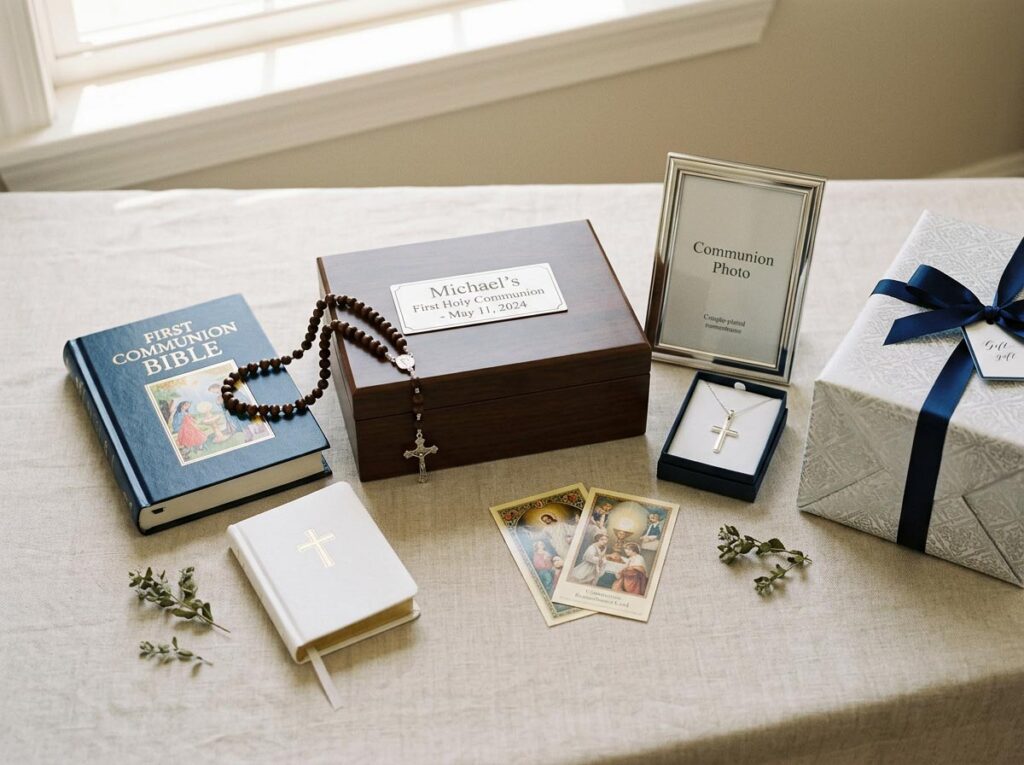 First Communion gift ideas for boys including rosary Bible cross and keepsakes