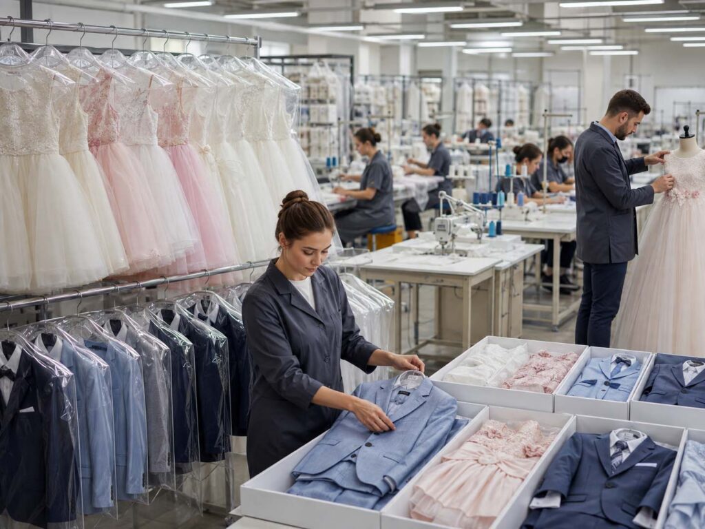 Ready-stock flower girl dresses and boys’ suits being inspected and prepared in an organized formalwear factory.