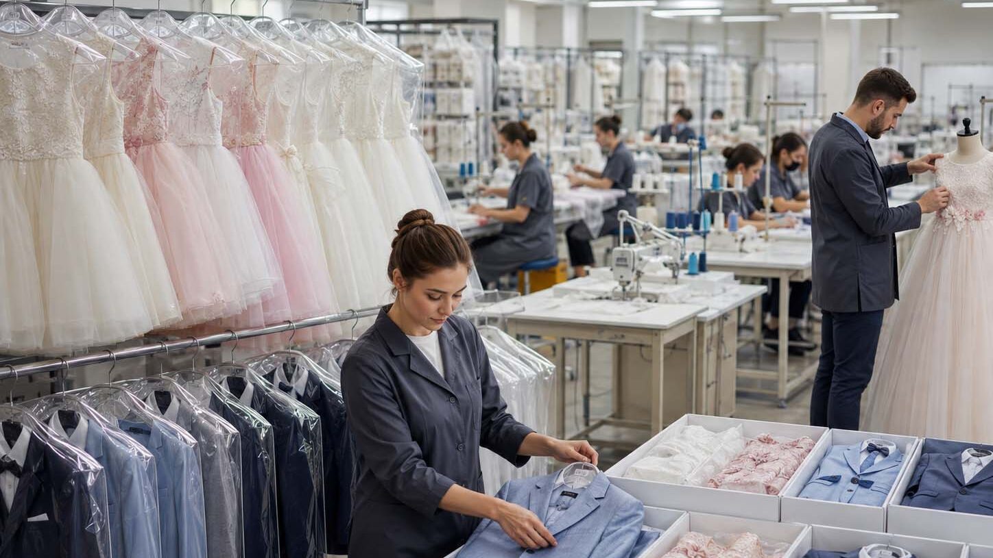 Ready-stock flower girl dresses and boys’ suits being inspected and prepared in an organized formalwear factory.