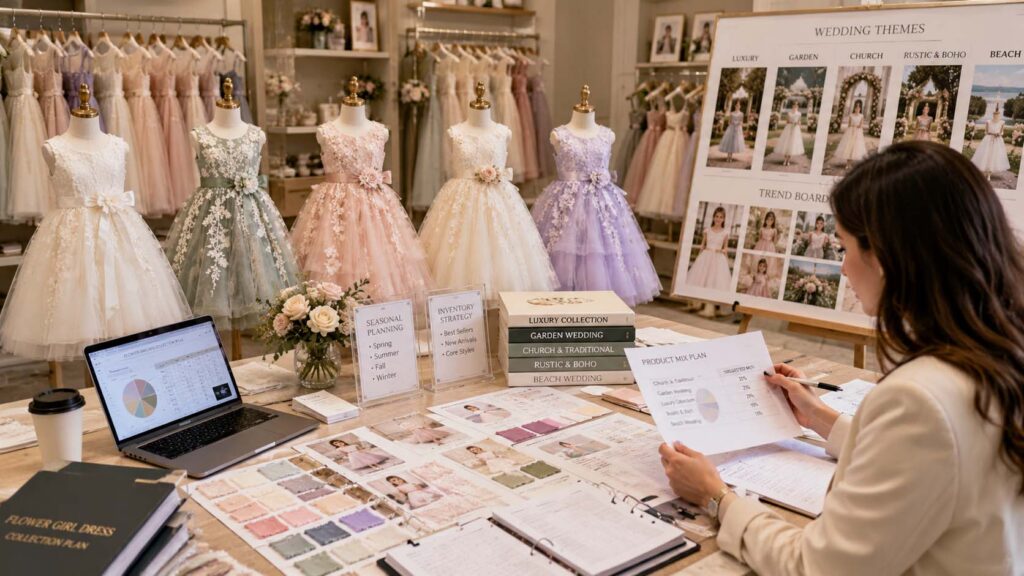 Retail buyer planning flower girl dress collections for different wedding themes, reviewing product mix, wedding trends, and seasonal inventory strategy.