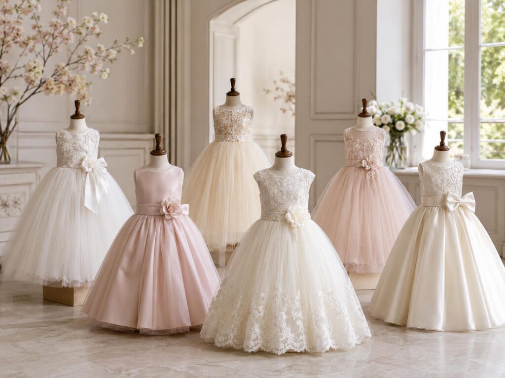 Elegant wholesale flower girl dresses in white, ivory, blush and champagne displayed in a premium weddingwear showroom.