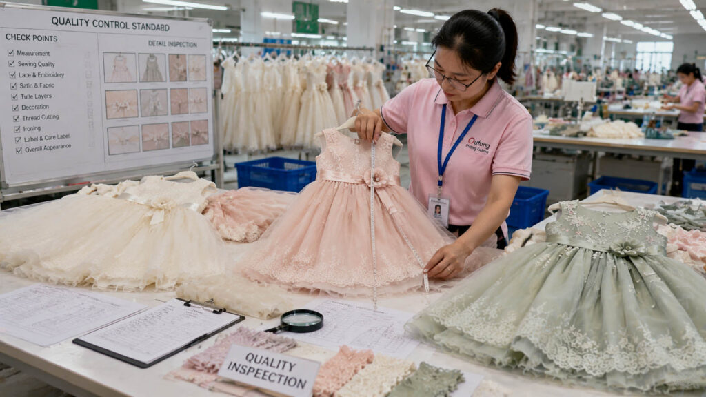 Quality control inspection of flower girl dresses in a childrenswear factory