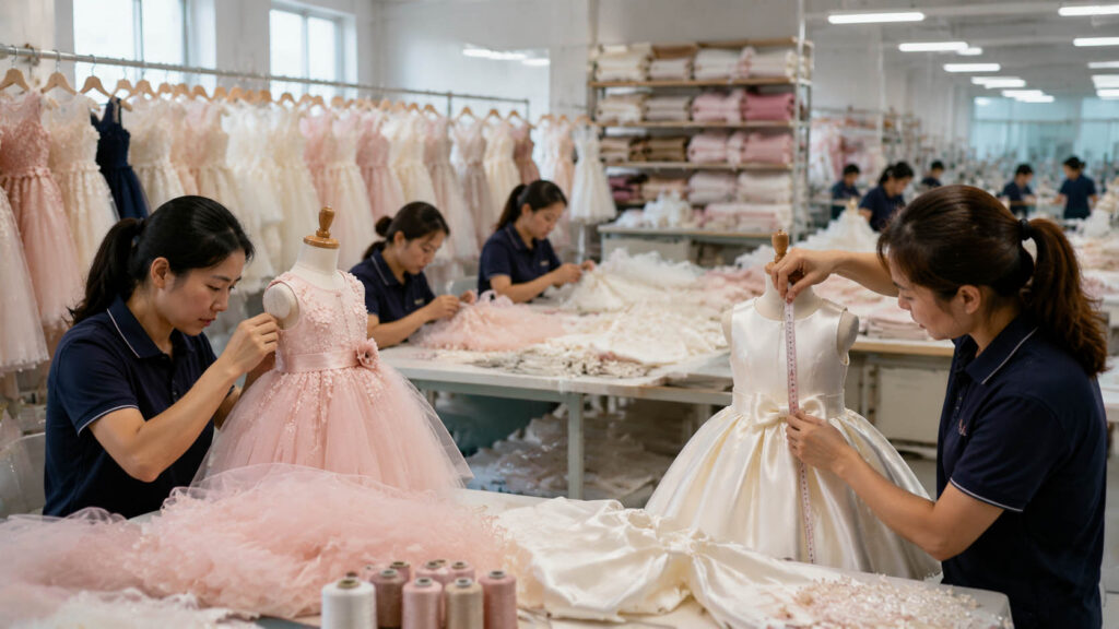 Children's formalwear factory quality control for satin and tulle flower girl dresses