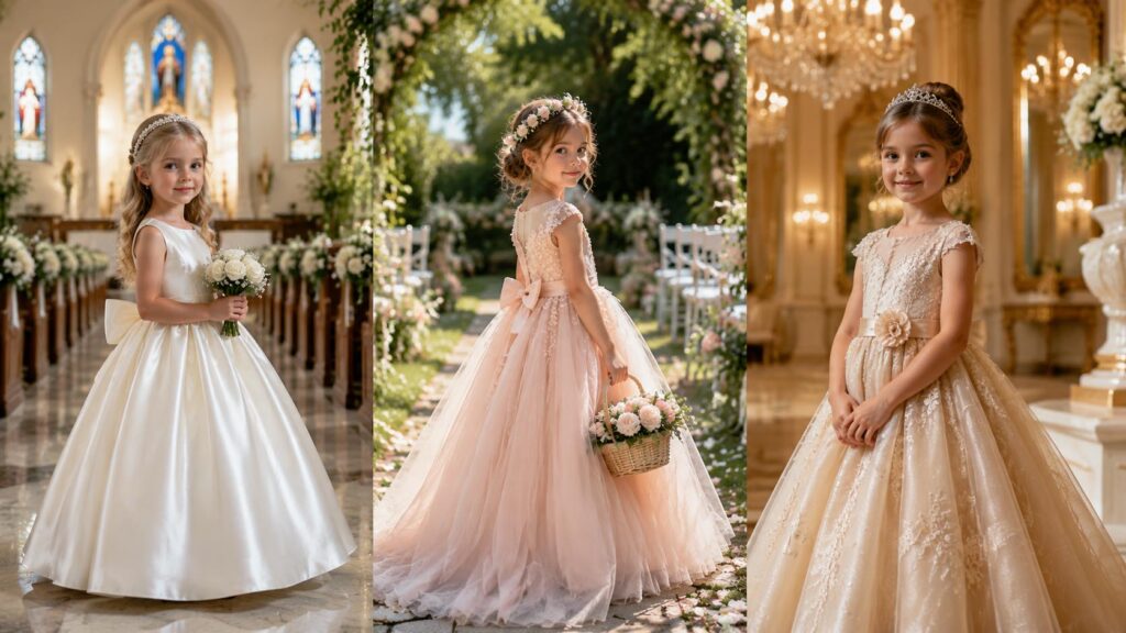 Flower girl dresses for different wedding themes including satin and tulle styles