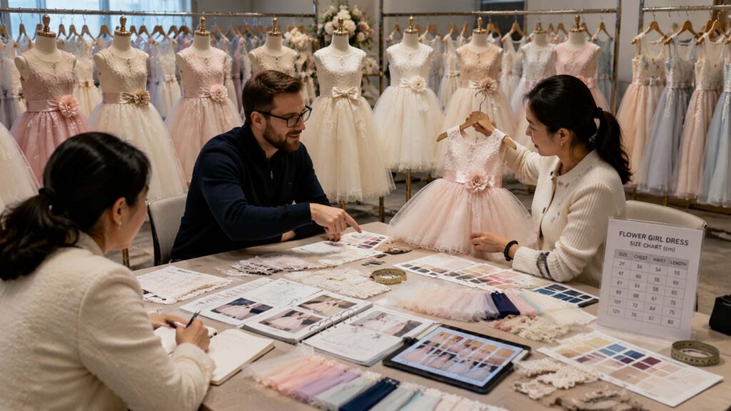 Wholesale buyer planning flower girl dress collections with manufacturer