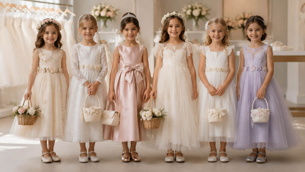 Complete flower girl outfit with dresses, shoes and accessories for weddings