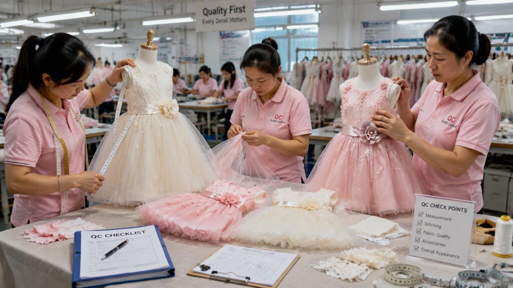 Factory quality inspection of flower girl dresses during manufacturing