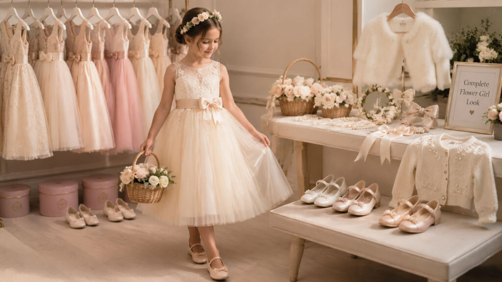 Flower girl dress with matching shoes, hair accessories and flower basket for weddings