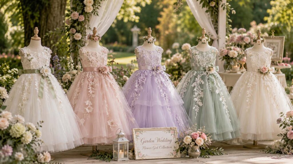 Flower girl dresses for garden weddings featuring floral appliques, lace details, soft tulle skirts, and pastel wedding color palettes.