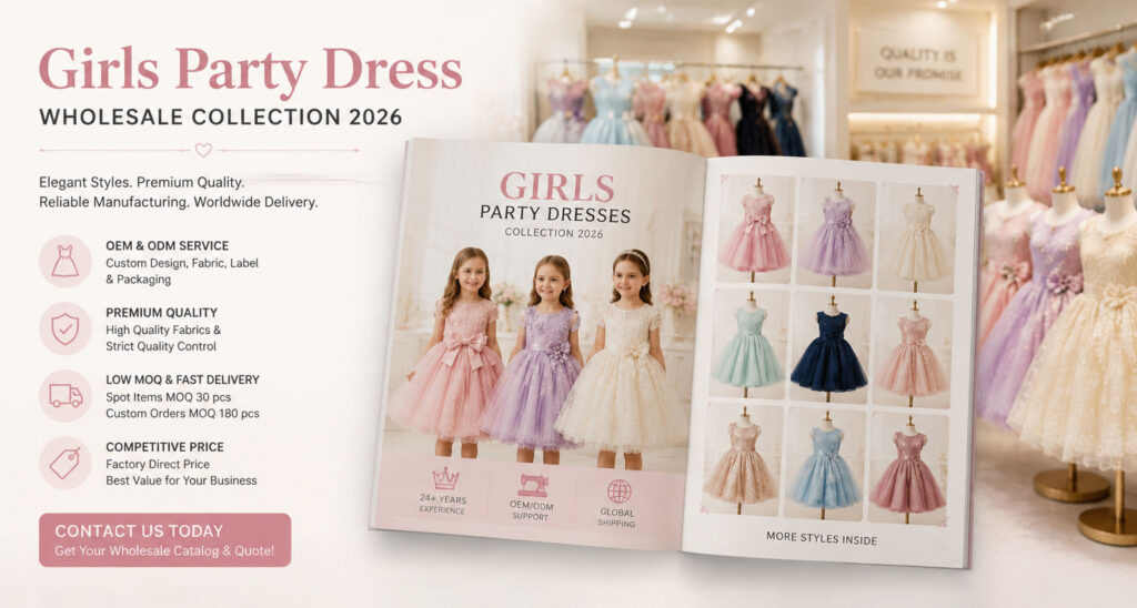Girls party dress wholesale catalog with contact for pricing samples and OEM ODM customization service
