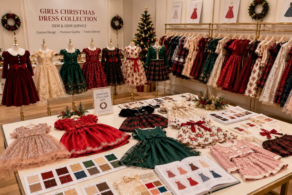Wholesale girls Christmas dress collection displayed in a childrenswear showroom before the holiday season.