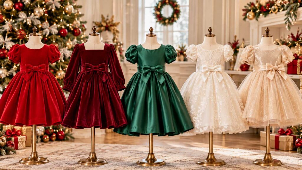 Girls Christmas dresses in red, burgundy, green, ivory and champagne