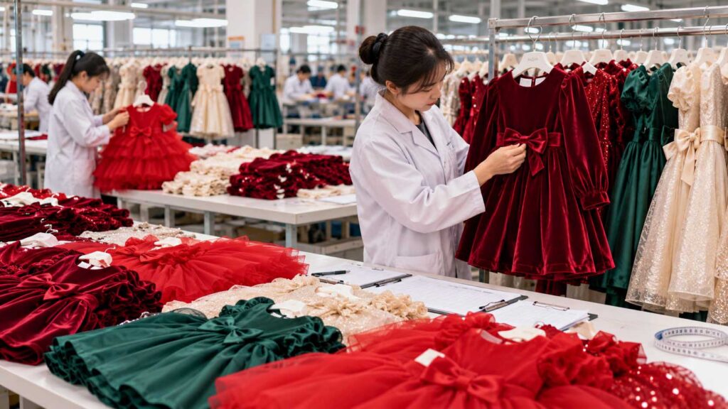 Quality inspection of girls Christmas dresses before wholesale bulk production